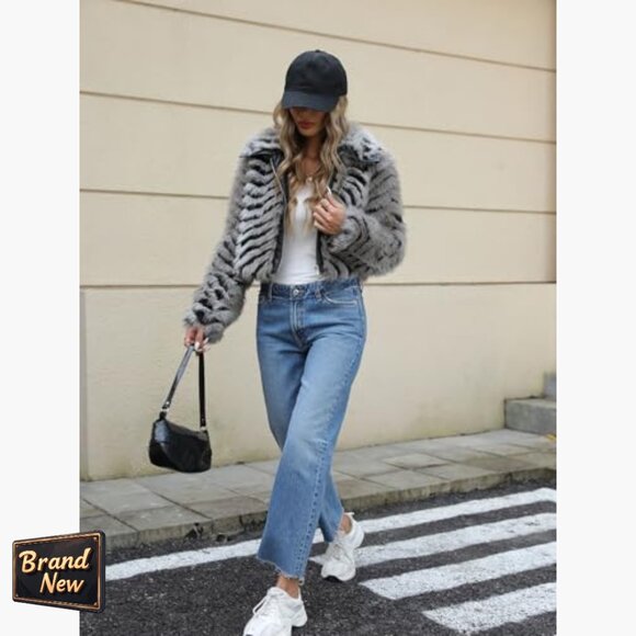 Faux Fur Leather Jacket Cropped Fleece Coat Warm Fluffy Zip Outerwear - Picture 7 of 7